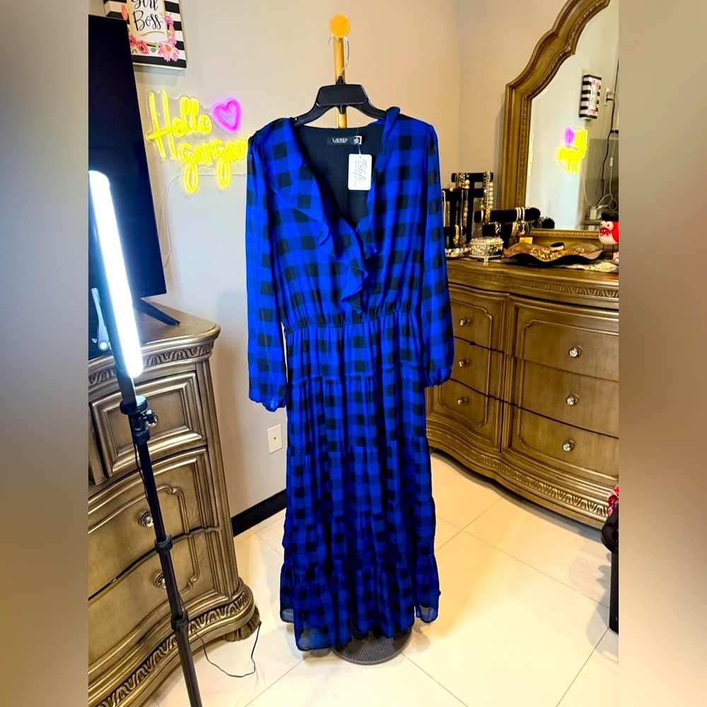 Ralph Lauren Blue V-Neck Long Sleeve Sundress